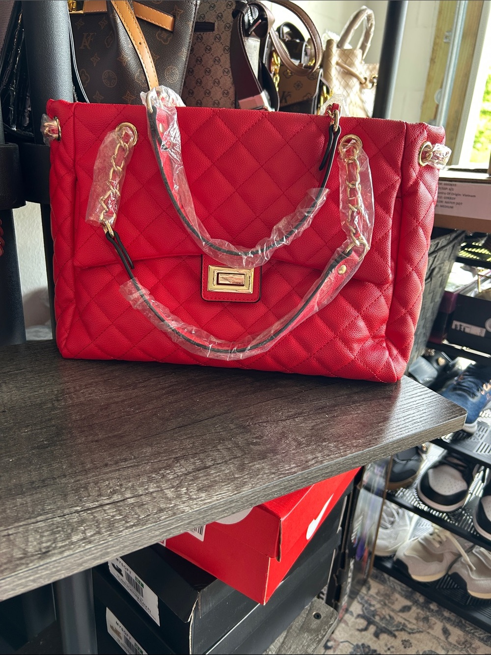 Red Quilted Tote Handbag - Unbranded